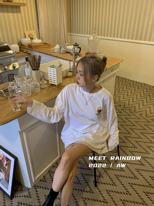 【MEET RAINBOW】Korean Casual Loose Embroidered Long Sleeve T-Shirt 28779-# LSL