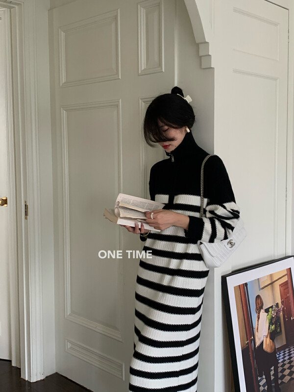 【ONE TIME】Striped Turtleneck Loose Versatile Dress KX1072# JHY