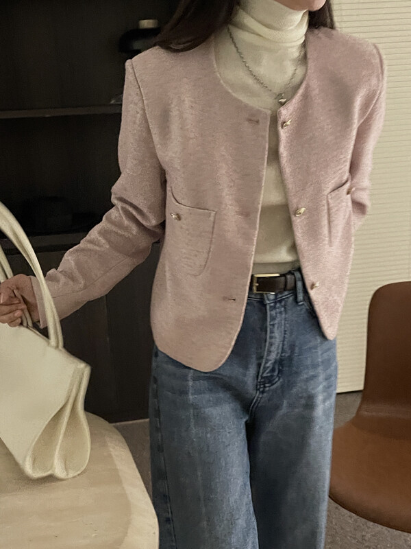 【ON LINE】Xiaoxiangfeng high-end round neck double pocket single-breasted simple retro short coat A6167