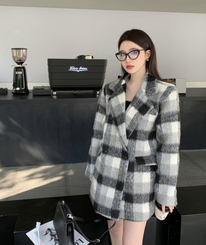Real price real price gray lattice loose woolen coat women's autumn and winter fashion all-match plaid long-sleeved top