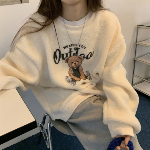 Plus velvet thick sweater women's  winter new Korean version loose imitation lamb plush age-reducing bear long-sleeved top