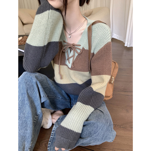 Striped contrast color lace-up knitted sweater women's autumn and winter 2022 new design V-neck loose short long-sleeved top