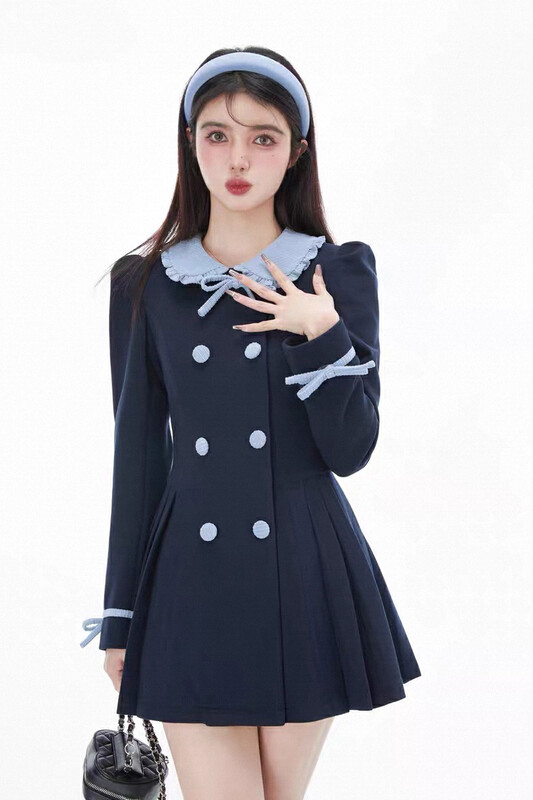[Ou Zhengsha] Gentle temperament retro double breasted doll collar dress 19575# JJ