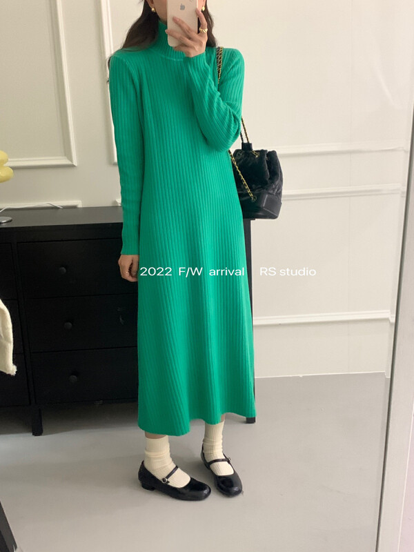 【RS 】 High neck wide knitted slim dress M2525# FHX
