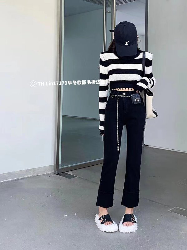 【T.H】Versatile stretch knitted straight-leg jeans (without waist bag) 67179# LSW