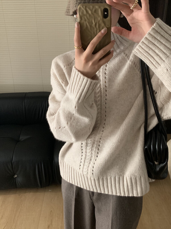 【ON LINE】Wool turtleneck loose all-match hollow design sweater with 40 wool 33503