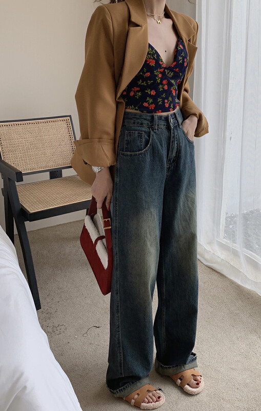 [Timely rain] Korean style ins retro high-waisted thin mopping loose wide-leg brushed jeans H2177# WPL