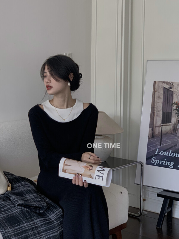 【ONE TIME】Temperament fake two-piece round neck bottoming dress XW5555# JHY
