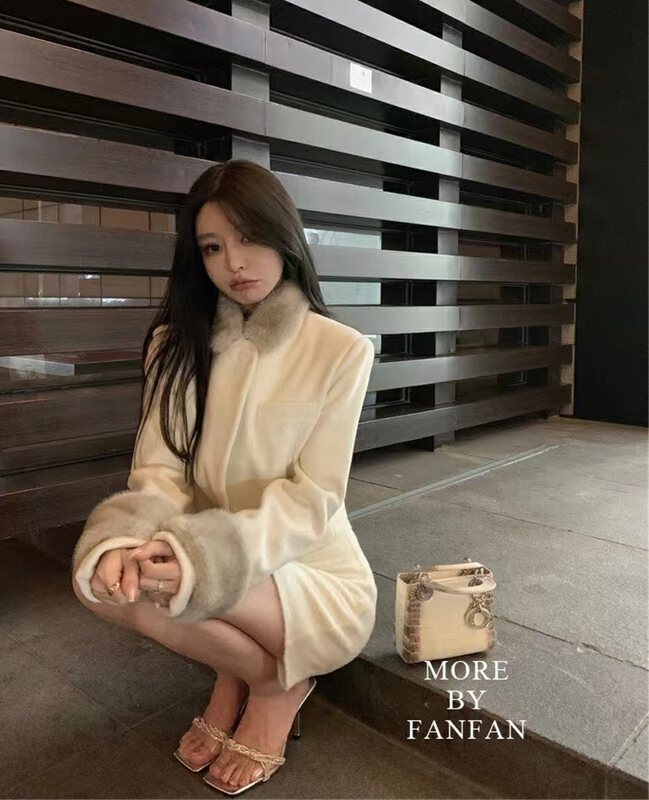 [LINNA] Color-blocking temperament all-match short coat (with detachable sleeve collar) (without brooch) 124851# JJ