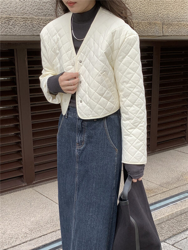 【TN】Korean style solid color rhombus short thermal cotton jacket T1254# CLS