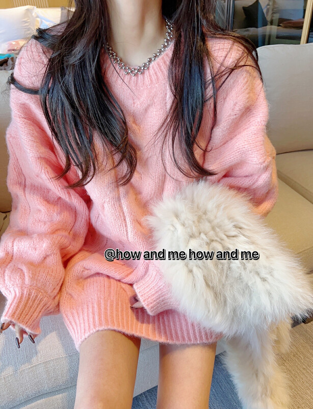 【 HOW AND ME Cheng Xi 】Simple commuting lazy loose candy color twist pullover sweater with rabbit fur 30 warm sweater 9910# CQW