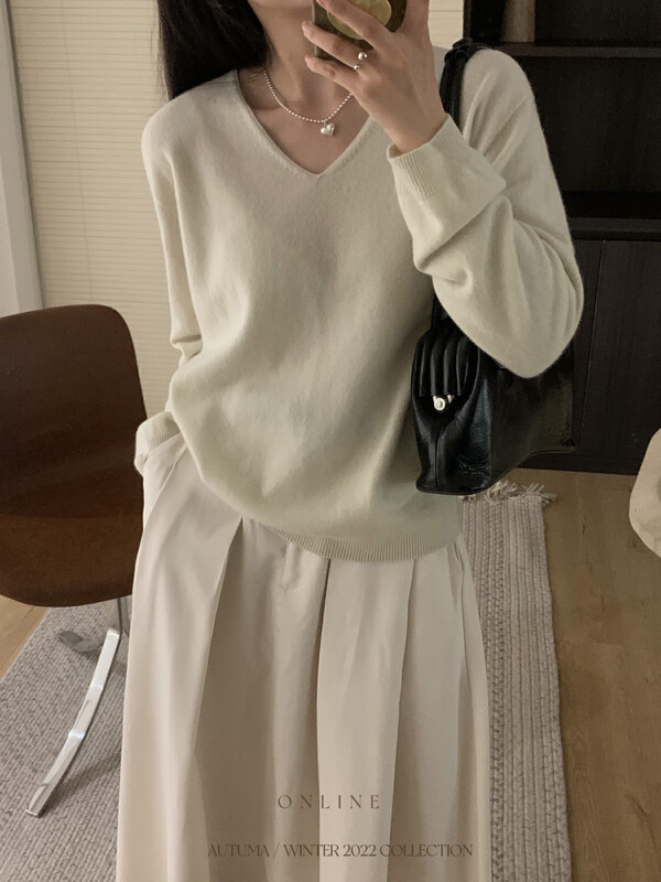 【ON LINE】19 Colors High Quality Seamless One V-Neck 100% Wool Pullover Warm Sweater 005# JHY