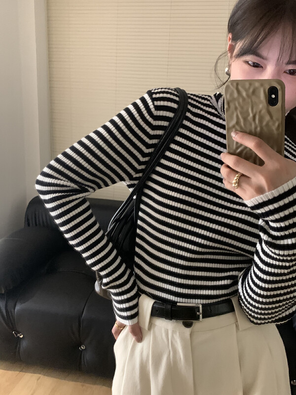 【ON LINE】Wool Classic Stripe Contrast Color Basic Versatile Thin Bottoming Knit Sweater Containing 6 Wool 99805
