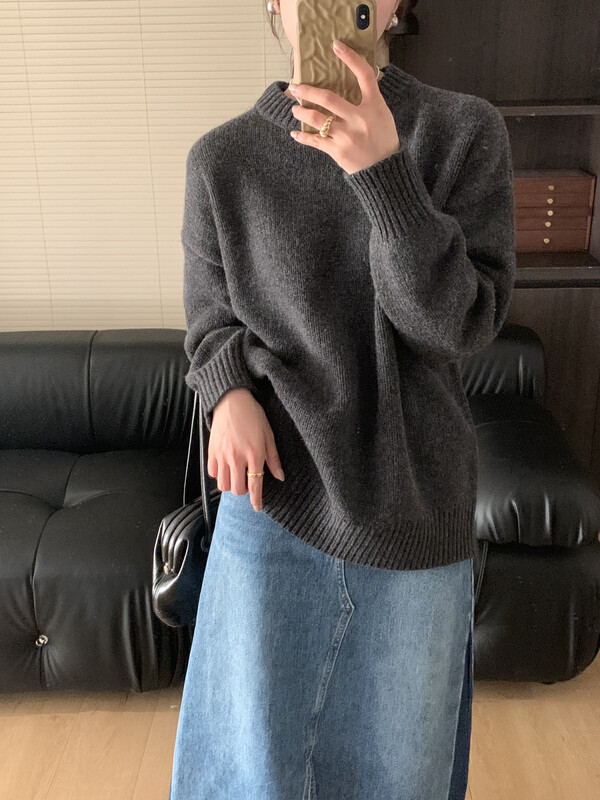 【ON LINE】Wool loose all-match round neck pullover solid color sweater with 40 wool 33501