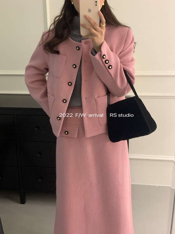 【RS】Four Pocket Small Fragrance Down Jacket + High Waist Skirt Set (including 60% wool) LL0316# FHX
