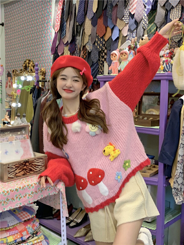 [Timely rain] Korean style ind sweet and age-reducing heavy industry three-dimensional small flower loose round neck warm sweater (accessories cannot be removed) R15559# WPL