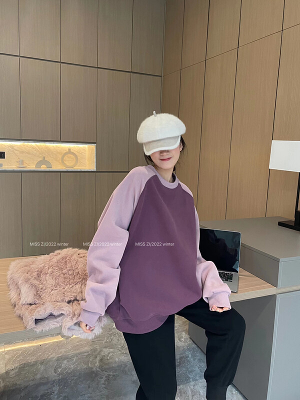 [MISS ZI] Korean version of the color-blocking thickened composite sweater composite thickened silver fox velvet 3526