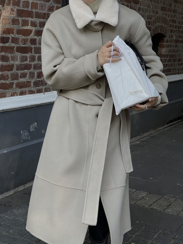 [ON LINE] Korean standard double-sided cashmere fur collar single-breasted Korean version long wool coat (with waist rope, detachable fur collar) 100 wool 7227