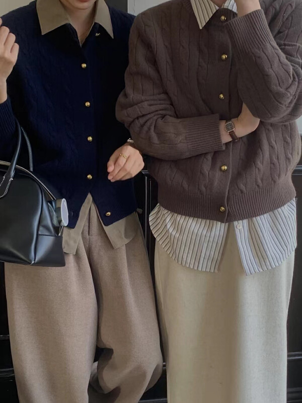 [ON LINE] 100% wool Korean simple linen pattern gold button cardigan sweater with 100 wool PA555