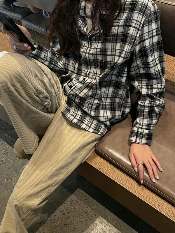 【TN】All-match Loose Casual Retro Plaid Shirt 2249# CLS