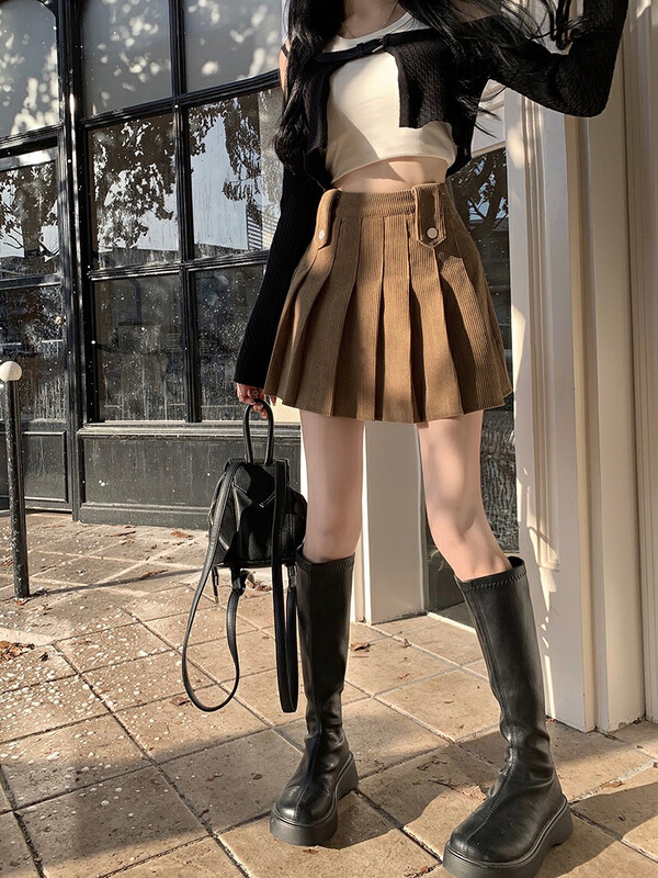 [Timely rain] Korean style ins retro corduroy design high waist a-line slim pleated skirt 71099# WPL