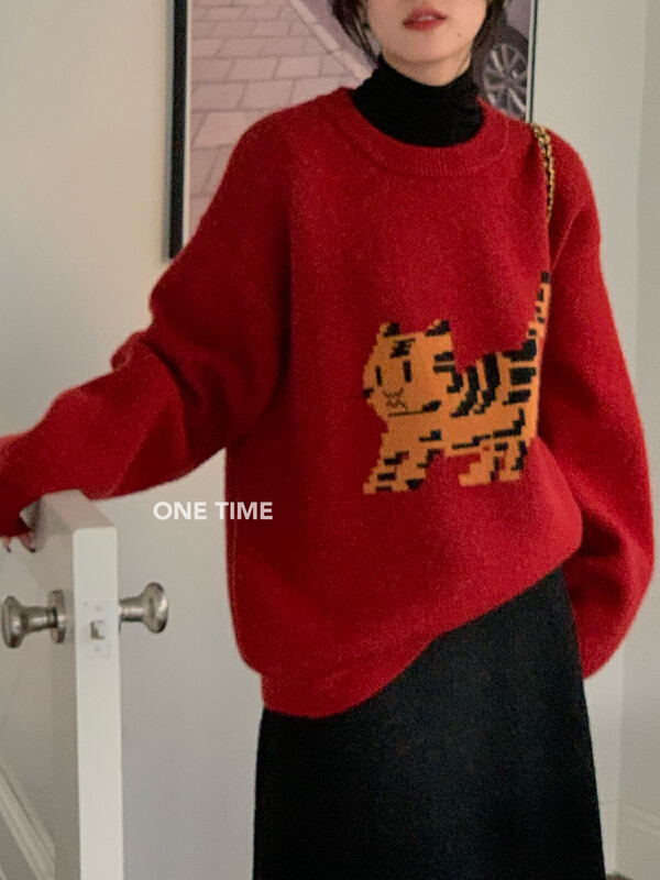 【ONE TIME】Winter Wool Crewneck Pullover Tiger Thermal Sweater OT7685# JHY