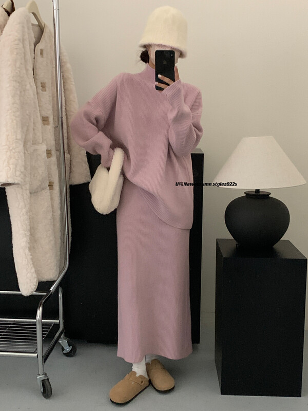 [U grain] Korean style pit strip knitted sweater with skirt suit separate 6181