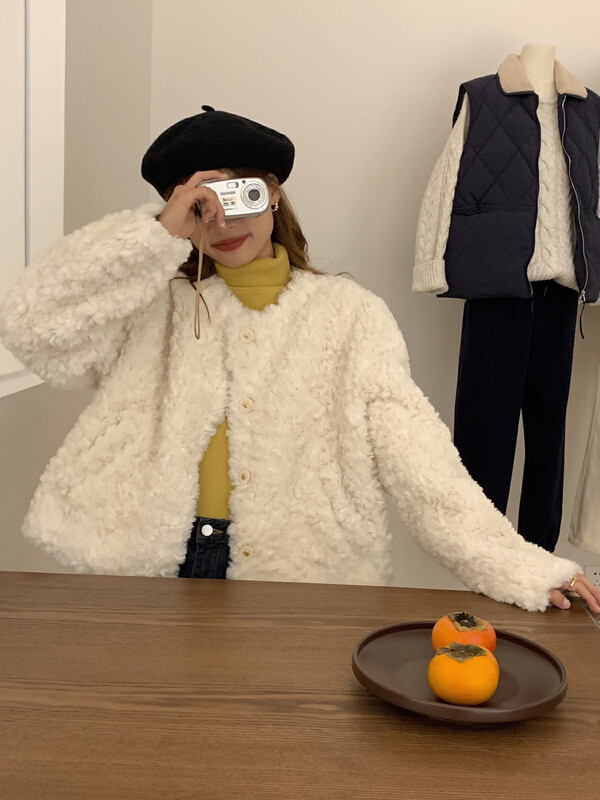 [LOVELY/SHMILY] Small fragrance all-match round neck lamb wool short coat short coat S2532