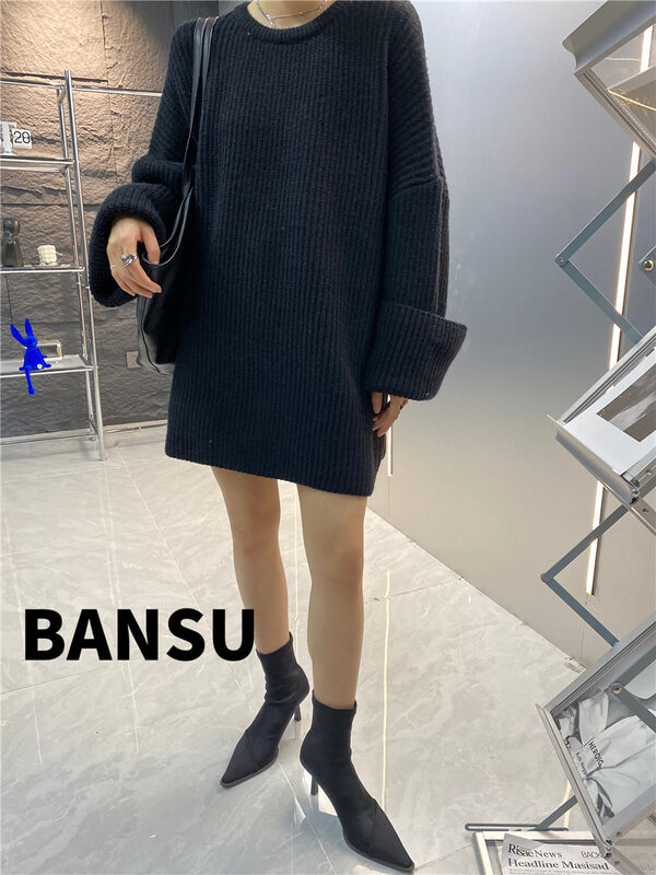 [Semi-plain] round neck off-shoulder sleeve loose warm sweater 8956# ZJY