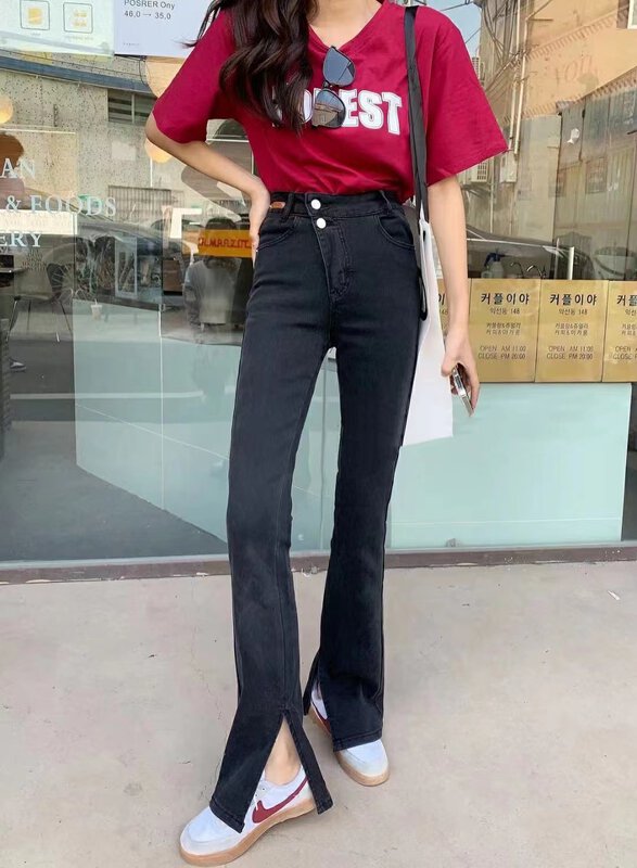 Original price 94.99! 【T.H】Korean style fashion slant buckle stretch flared jeans 810751# LSW