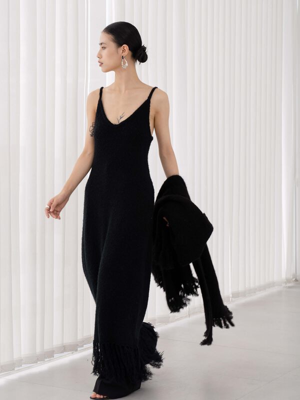【WHITE】Premium knitted suspender dress (including 10% wool) S-76938# GY