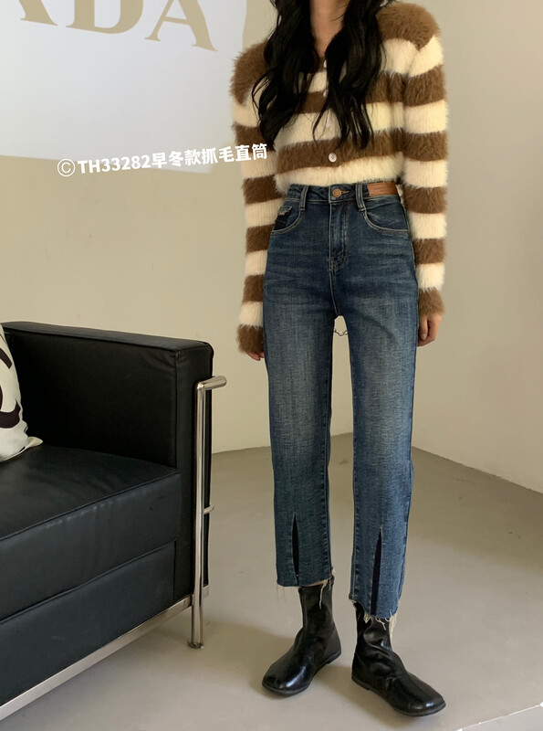 【T.H】Korean style, fashion, simple, straight-leg jeans with fleece 33282# LSW