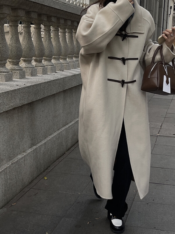 [ON LINE] Korean standard double-sided cashmere stand-up collar Western style Korean version horn buckle long wool coat containing 100 wool 6735