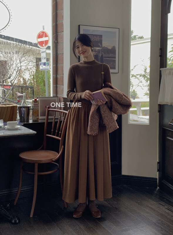 【ONE TIME】Half turtleneck comfortable solid color pleated dress OT7689# JHY