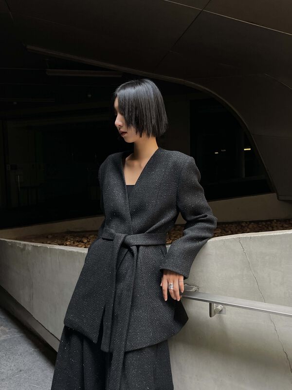 【WHITE】Fashionable all-match wool coat (with belt) (with 30% wool) W-88760# GY