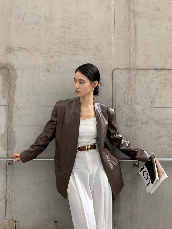 【WHITE】Advanced minimalist fashion short coat (with belt) W-88668# GY