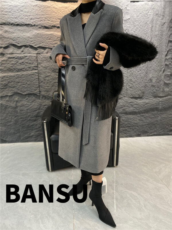 [Semi-plain] Double-breasted long woolen coat with contrast collar (with belt) Y7102# ZJY