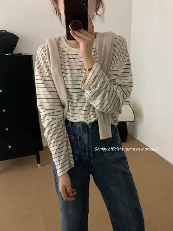 【LOVELY/SHMILY】Korean all-match striped long-sleeved T-shirt long-sleeved T-shirt Z1537