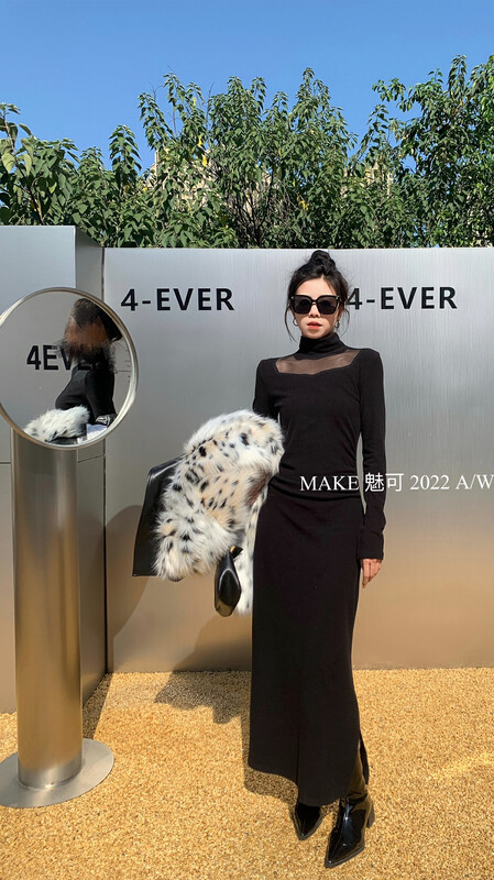 [MAKE Charm] temperament woman mesh stitching waist pleated hem side slit dress 80122# OZQ