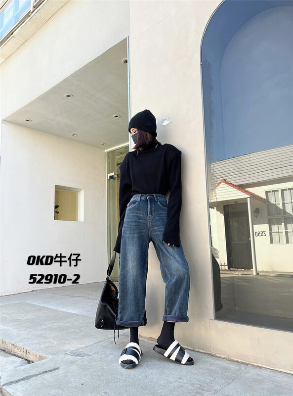 [OKD] Korean version slim and versatile semi-elastic dad jeans 52910-2# GY