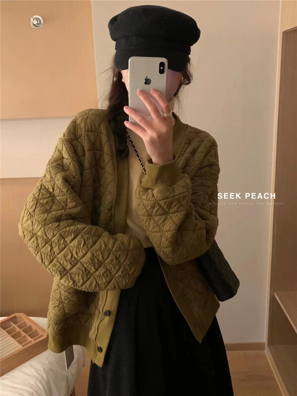 【SEEK PEACH】V-neck single-breasted comfortable all-match warm padded jacket (only for outerwear) S5869# L
