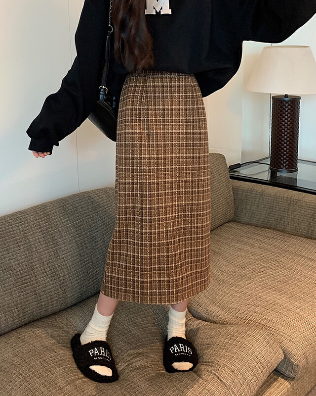 [Timely rain] Korean style ins retro high-waisted plaid slimming hip skirt Q17119# WPL