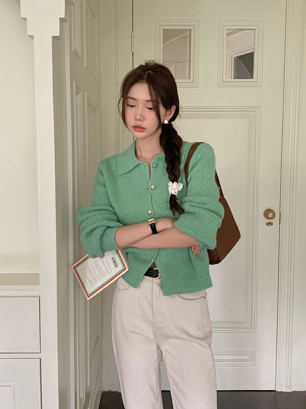 [Timely rain] Korean style ins sweet candy color wave lapel single-breasted warm sweater 50275# WPL