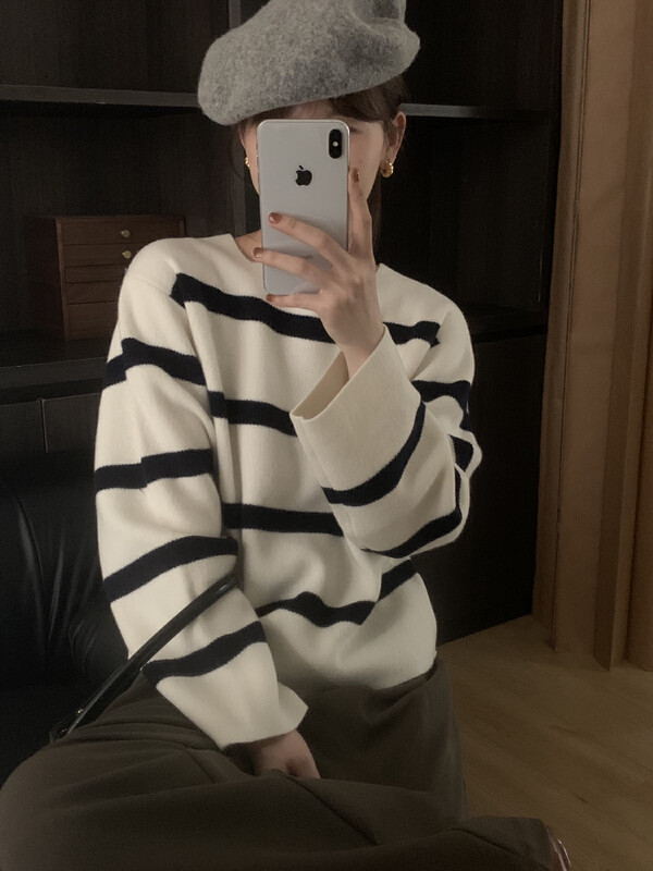 【ON LINE】100% wool classic striped contrasting color pullover square neck sweater with 100 wool 559