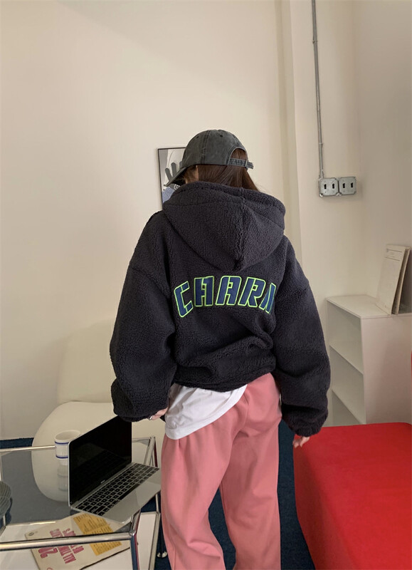 [Timely rain] Korean style ins retro design letter embroidery plus velvet short jacket M1977# WPL