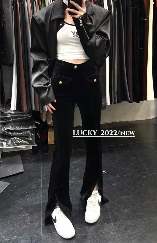 【LUCKY】High Waist Slim Corduroy Split Micro-Flare Casual Pants (Pants Only) 1225# ZXX