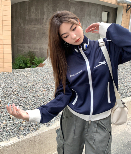 Real shot  autumn and winter new star design sense contrast double zipper short jacket cardigan women's jacket sports style