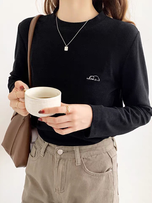[Ouzhengsha] Small embroidered round neck fleece bottoming shirt 19280# JJ