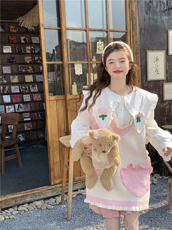 [Timely rain] Hanfeng ins sweet heavy industry love fungus edge knitted vest dress (only sell dress) R0987# WPL