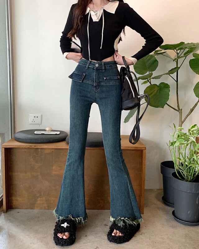 [Timely Rain] Retro Hong Kong style high-waisted slim-fit temperament frayed jeans Q1117# WPL
